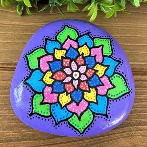 NEW Hand Painted Lotus Flower Mandala Stone